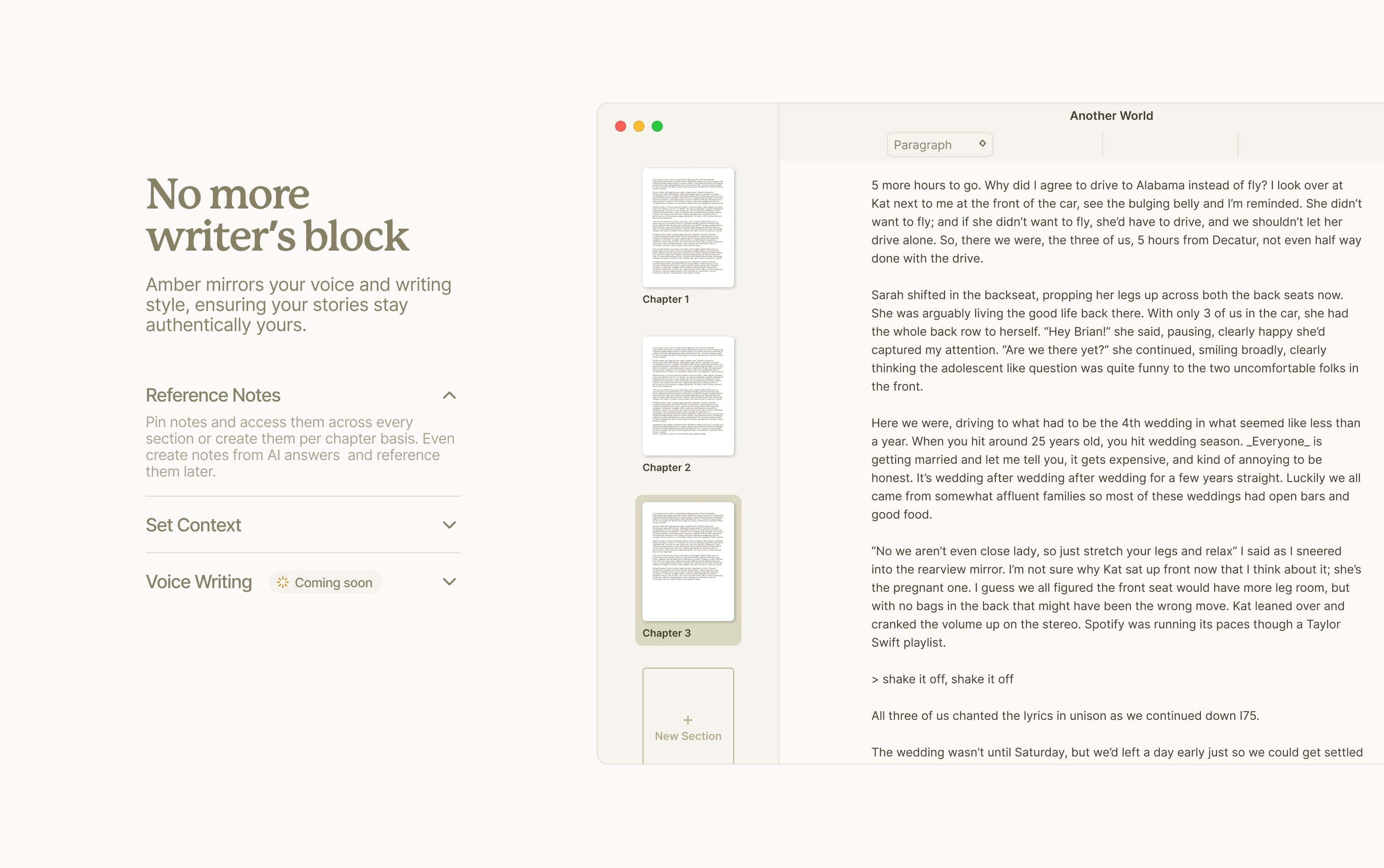 Amber landing page section pairing reference notes and context features with a chapter editor preview