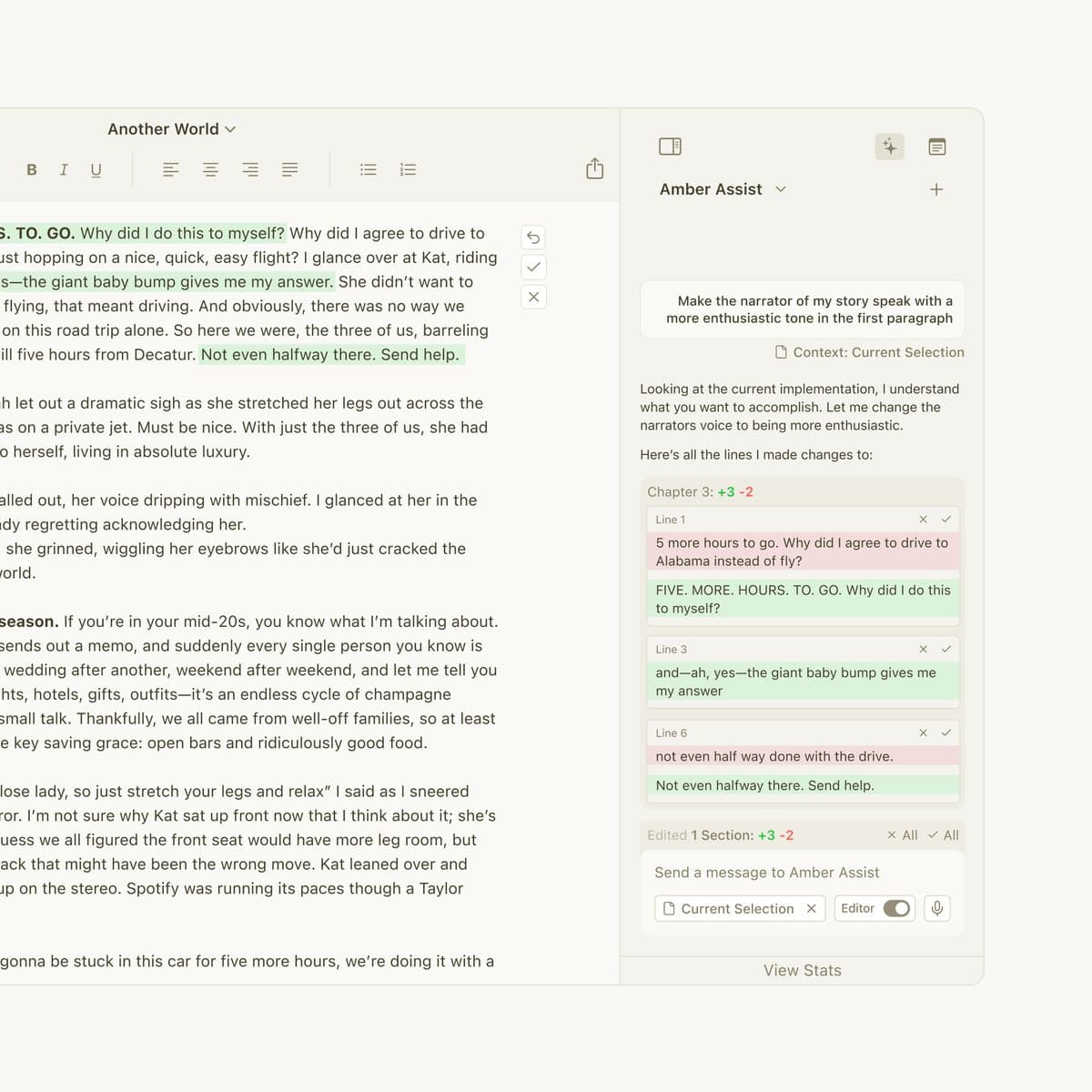 Amber Assist beside a draft, showing a requested edit with highlighted removals and additions