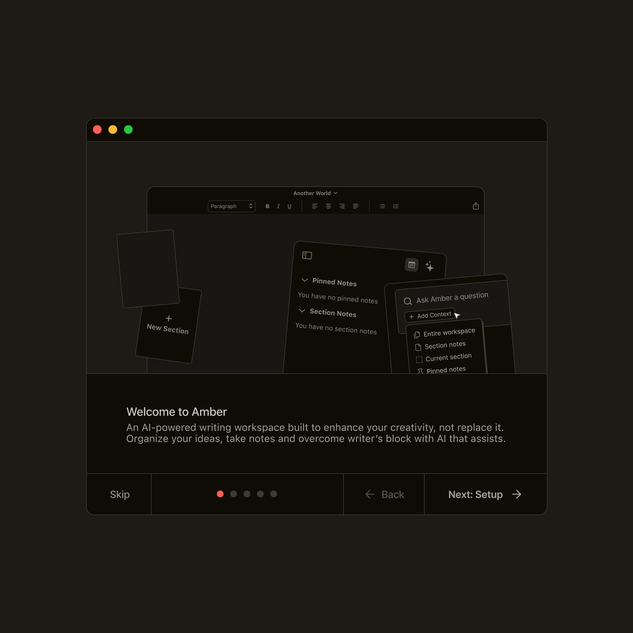 Amber’s welcome screen in a dark appearance