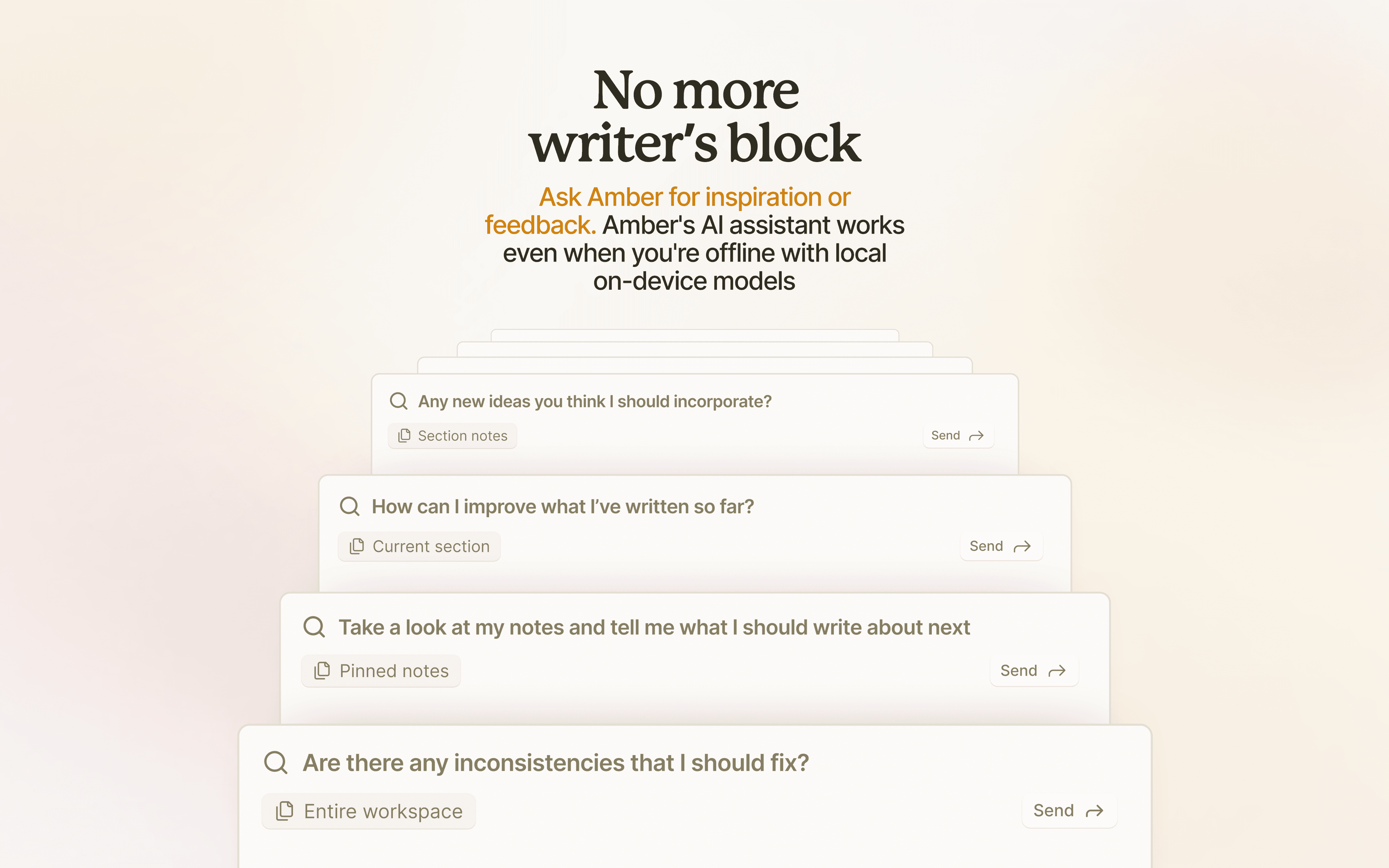 Amber promotional screenshot for Product Hunt and other channels, featuring example writing prompts