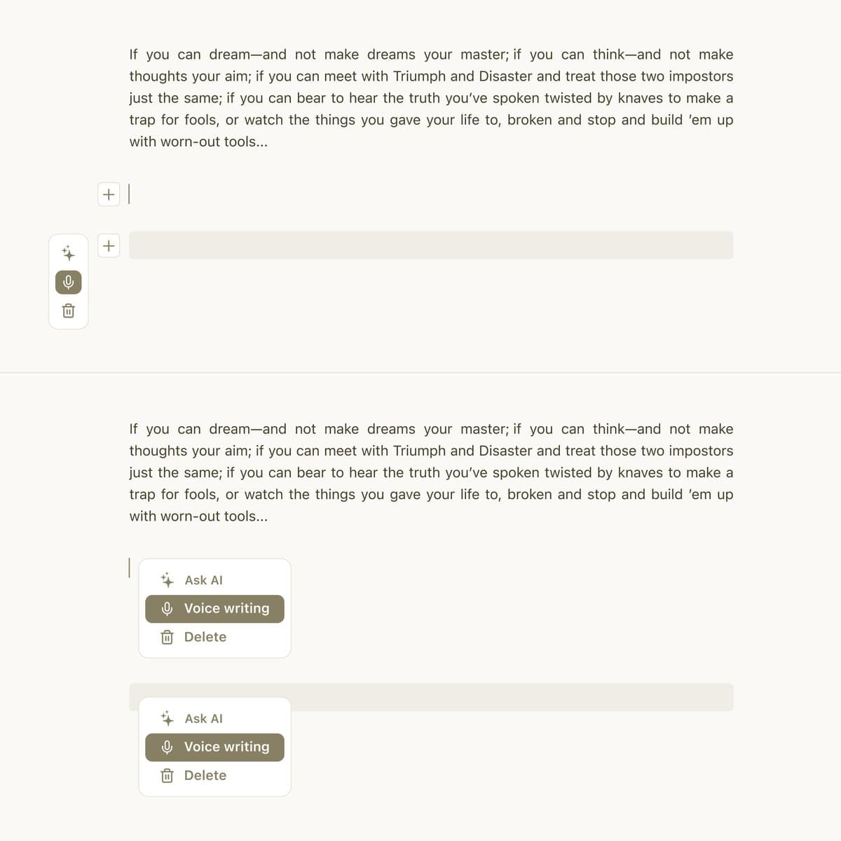 Inline menu explorations showing writing actions beside a paragraph in Amber