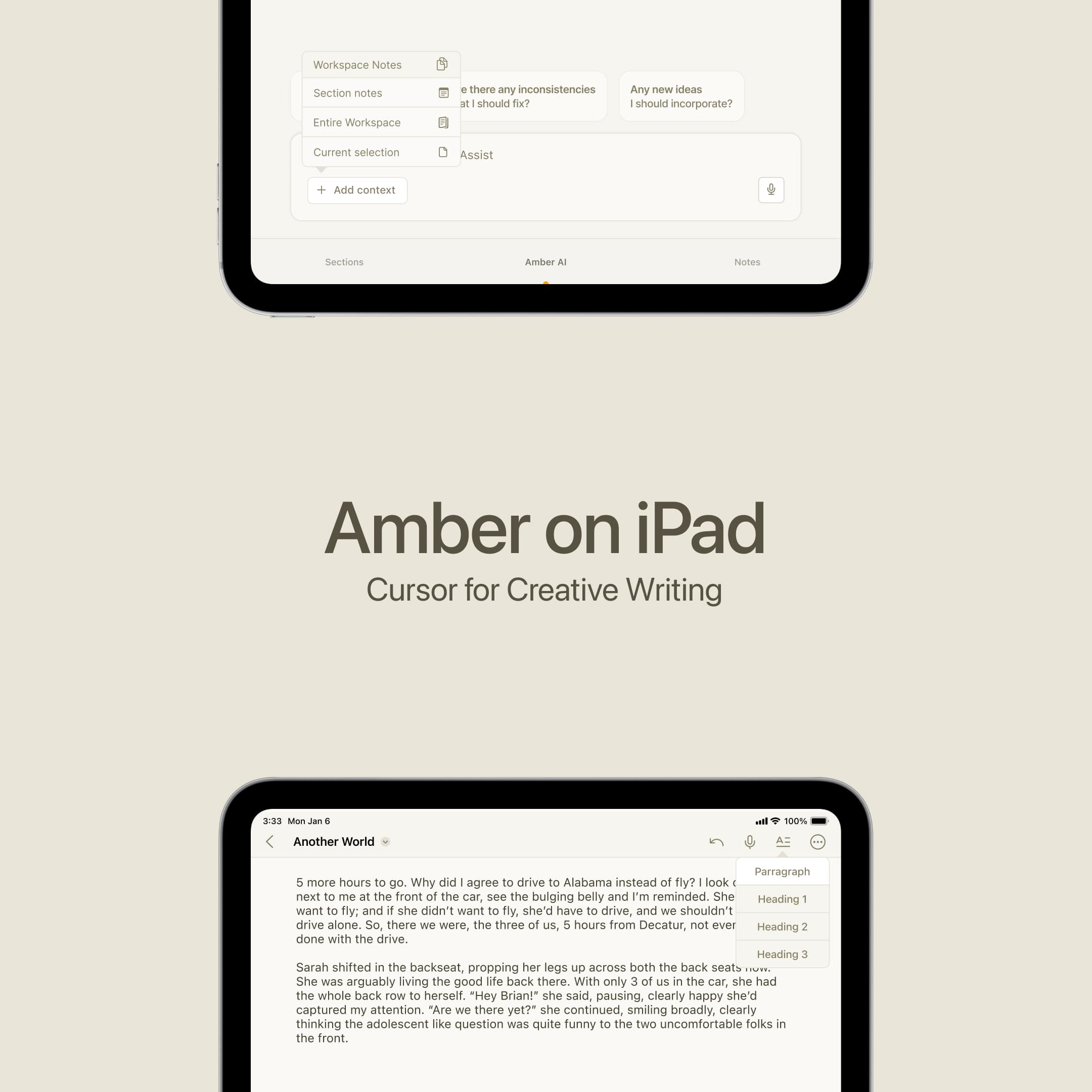 Amber on iPad, showing the writing workspace and context controls