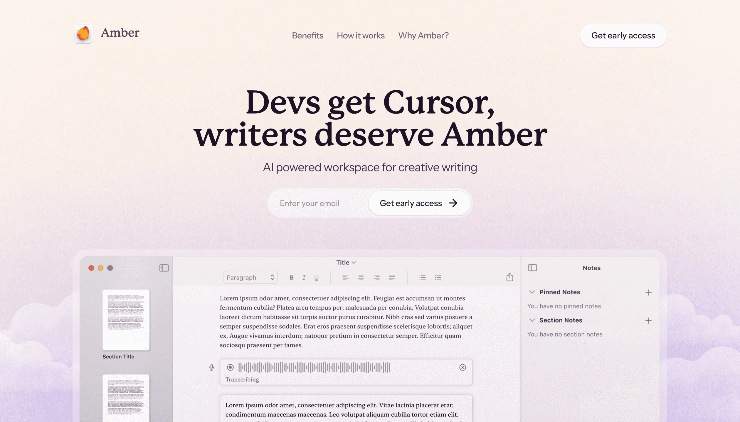 Amber landing page hero shown in full, with the headline, early access form, and editor preview