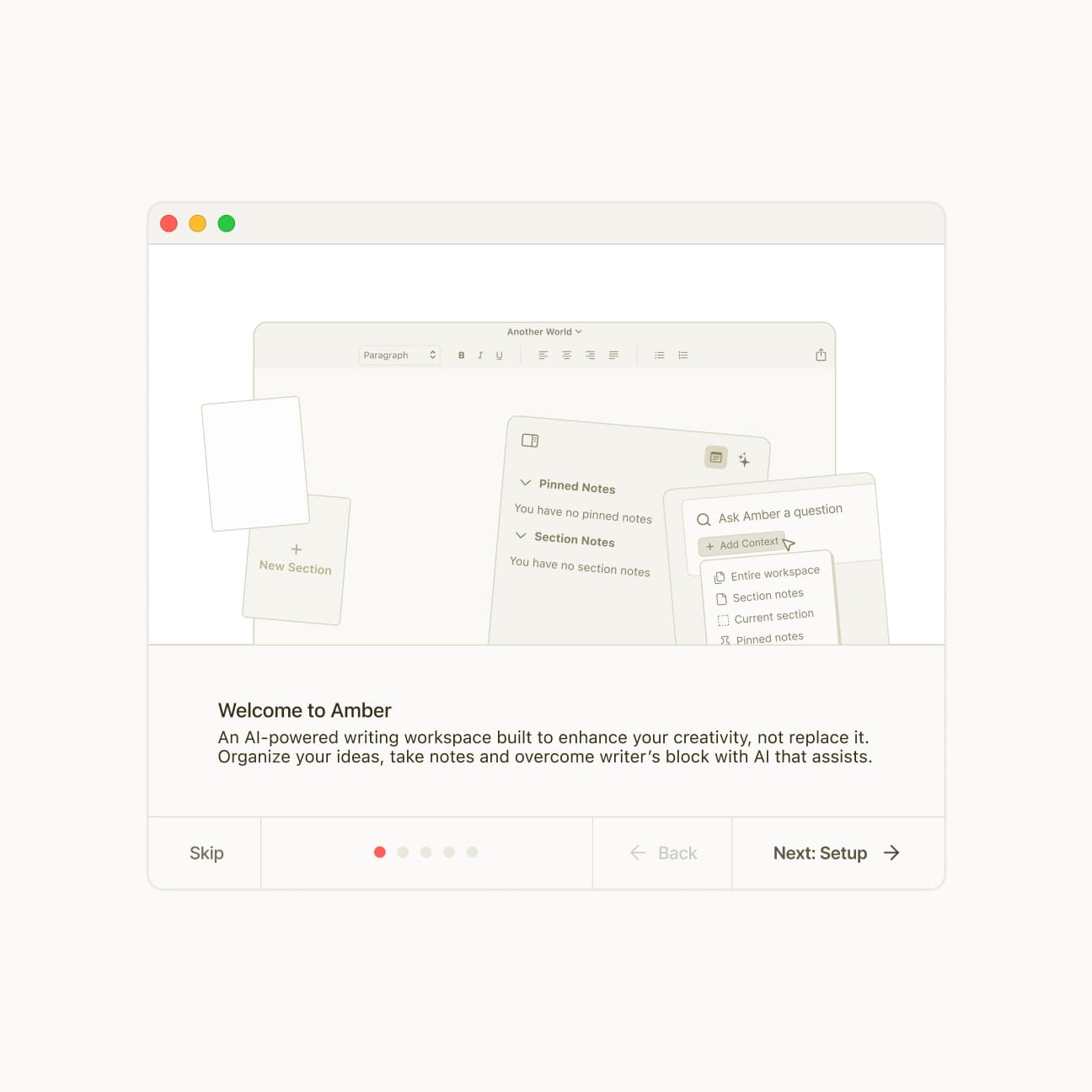 Amber’s light welcome screen with an illustrated workspace and setup navigation