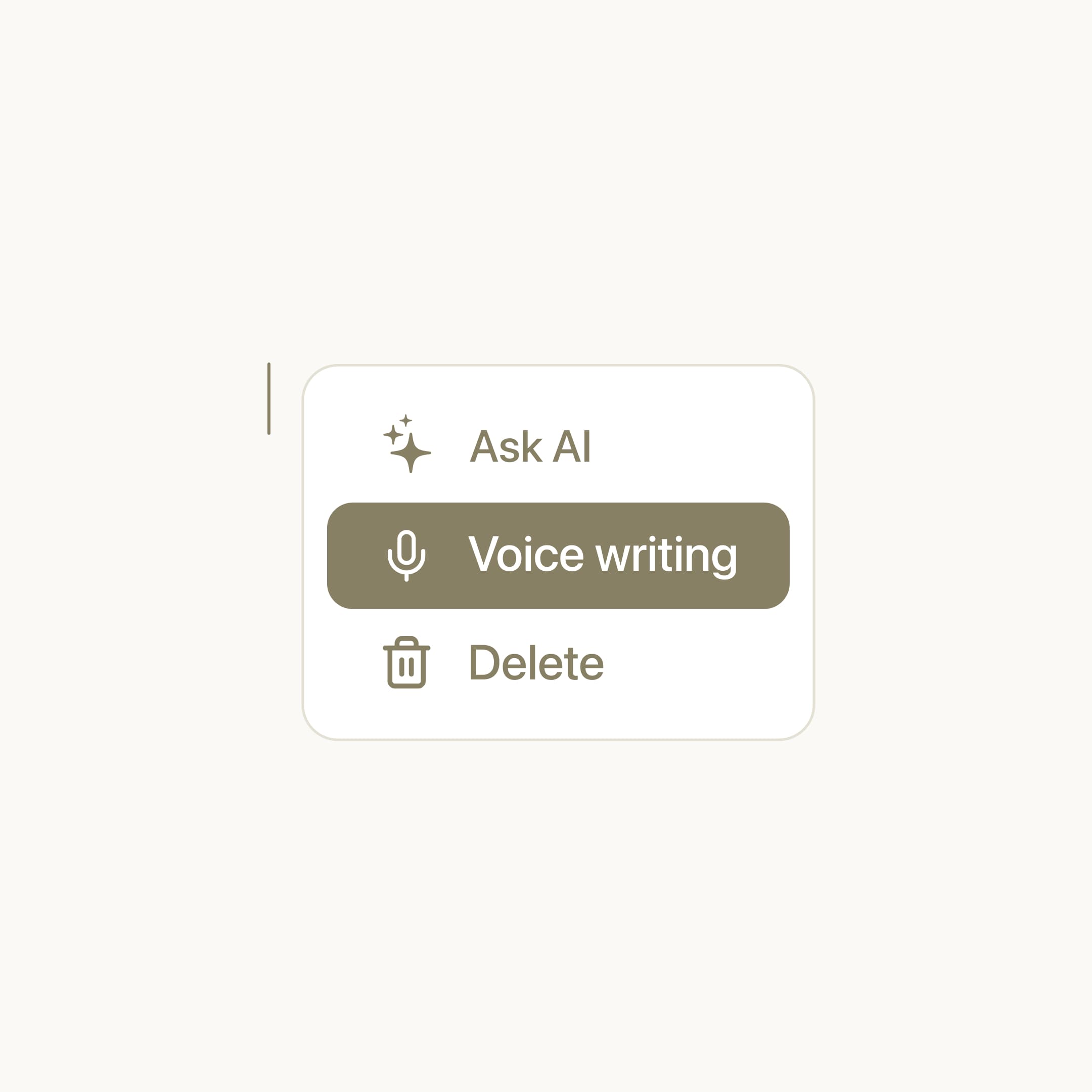 Close-up of Amber’s inline menu with Ask AI, Voice writing, and Delete actions