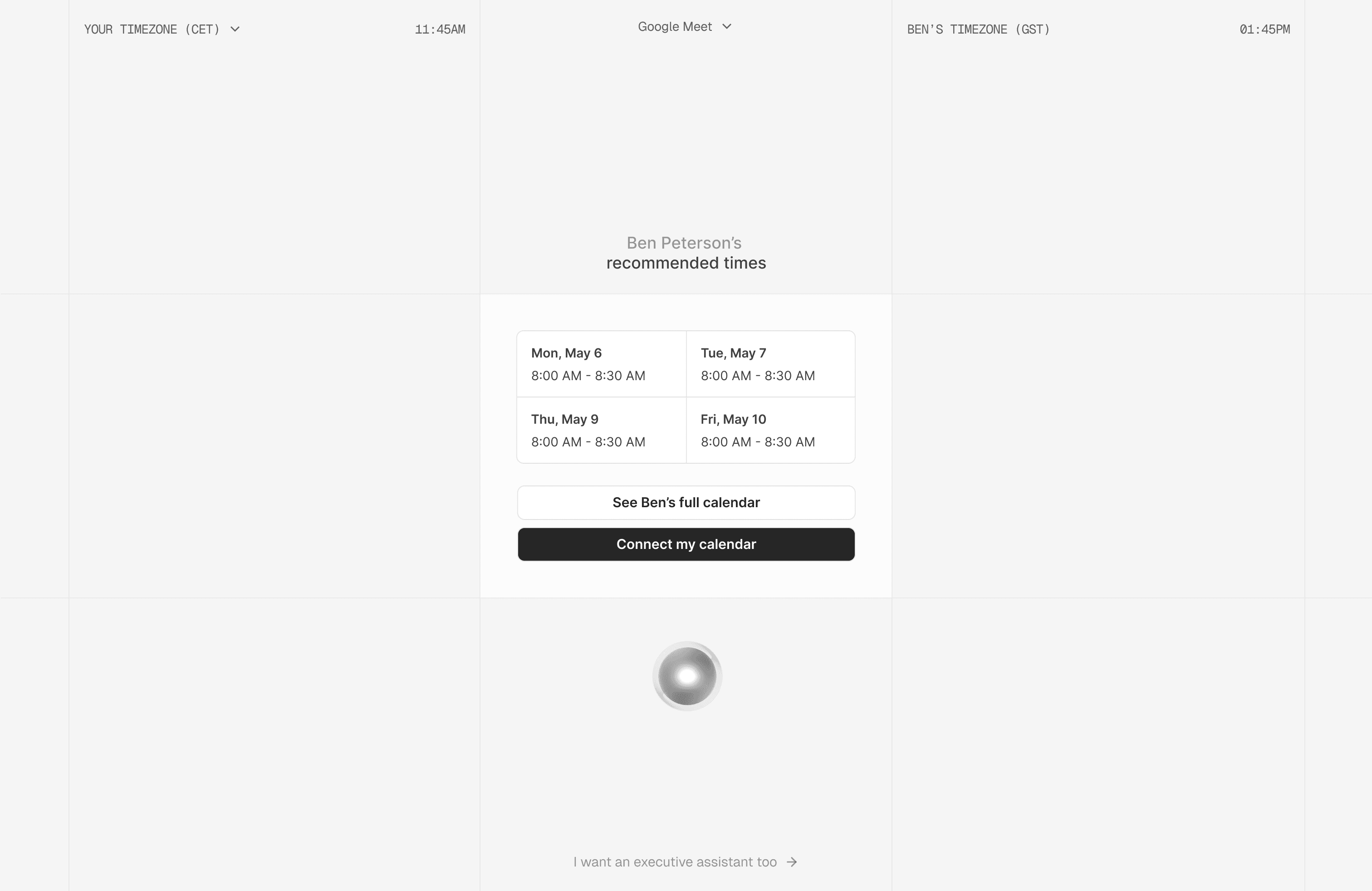 Consul scheduling exploration with recommended meeting times, time zones, and calendar connection options