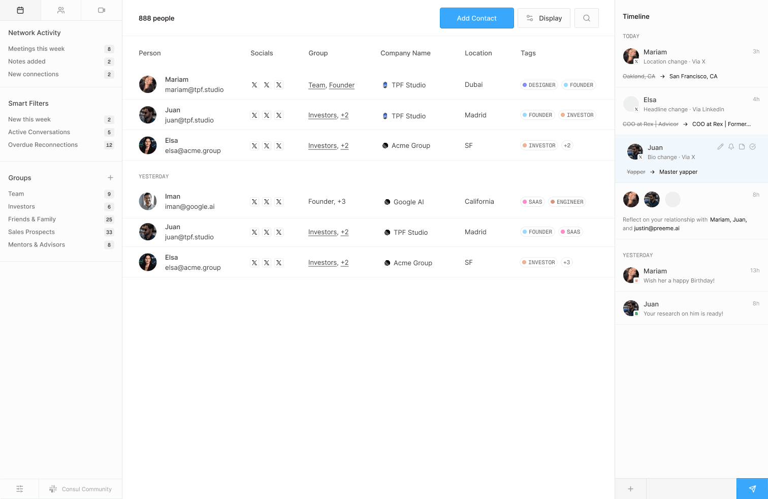 Early Consul CRM concept with a contact list, relationship filters, and an activity timeline