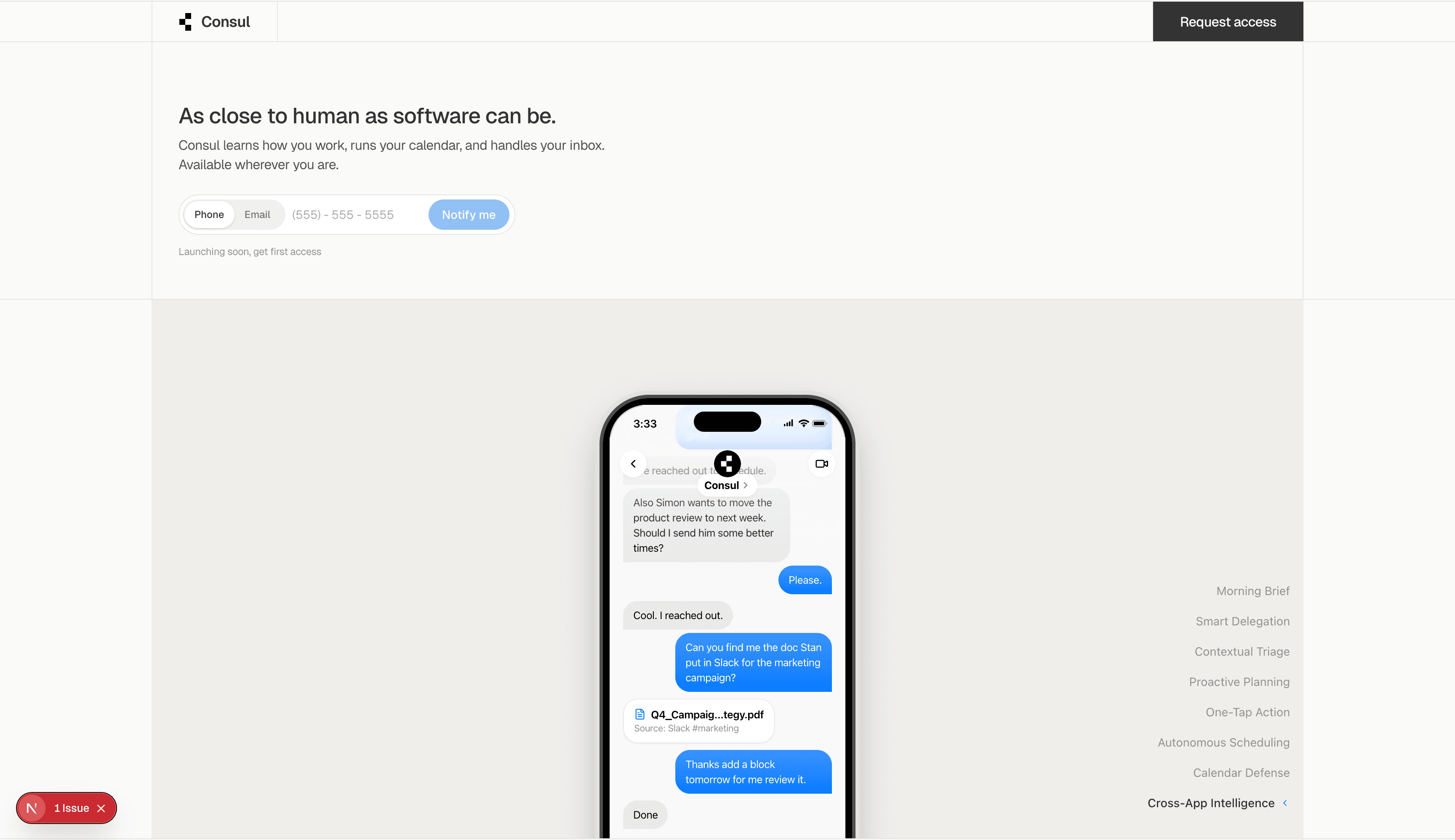 Consul landing page with assistant introduction, signup form, and iMessage conversation preview