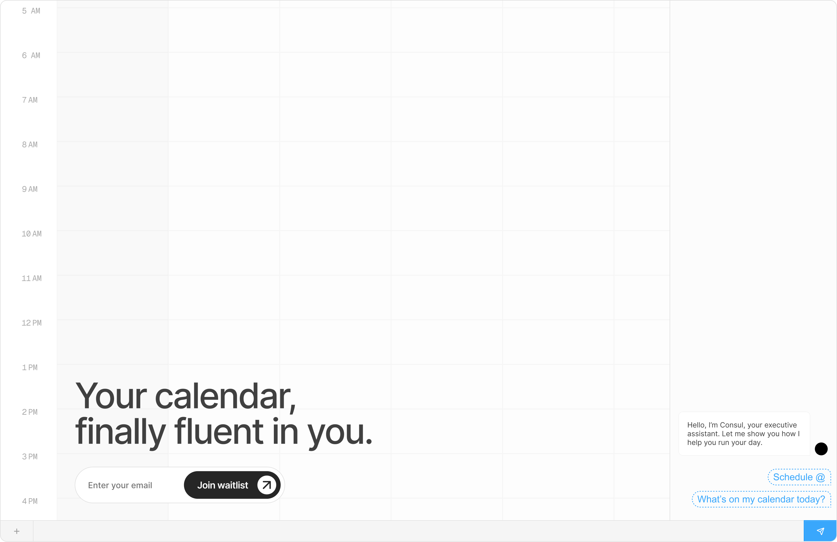 Initial Consul waitlist design with a calendar background, email signup, and assistant chat preview