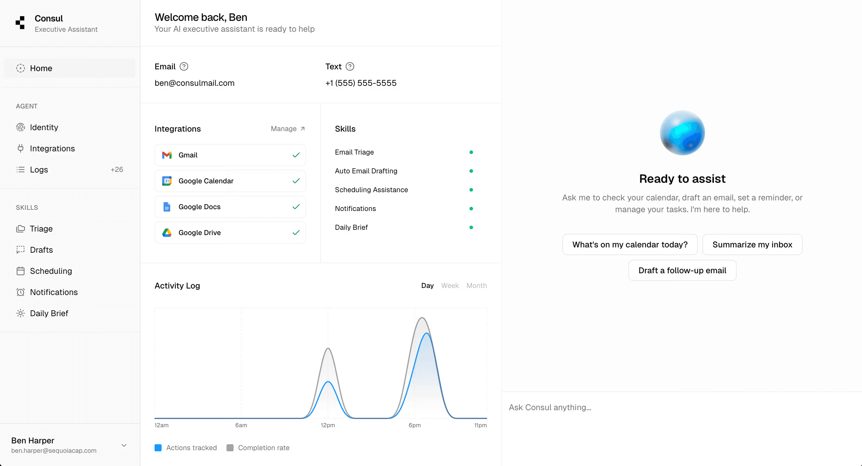 Consul assistant dashboard with connected integrations, enabled skills, activity log, and assistant chat