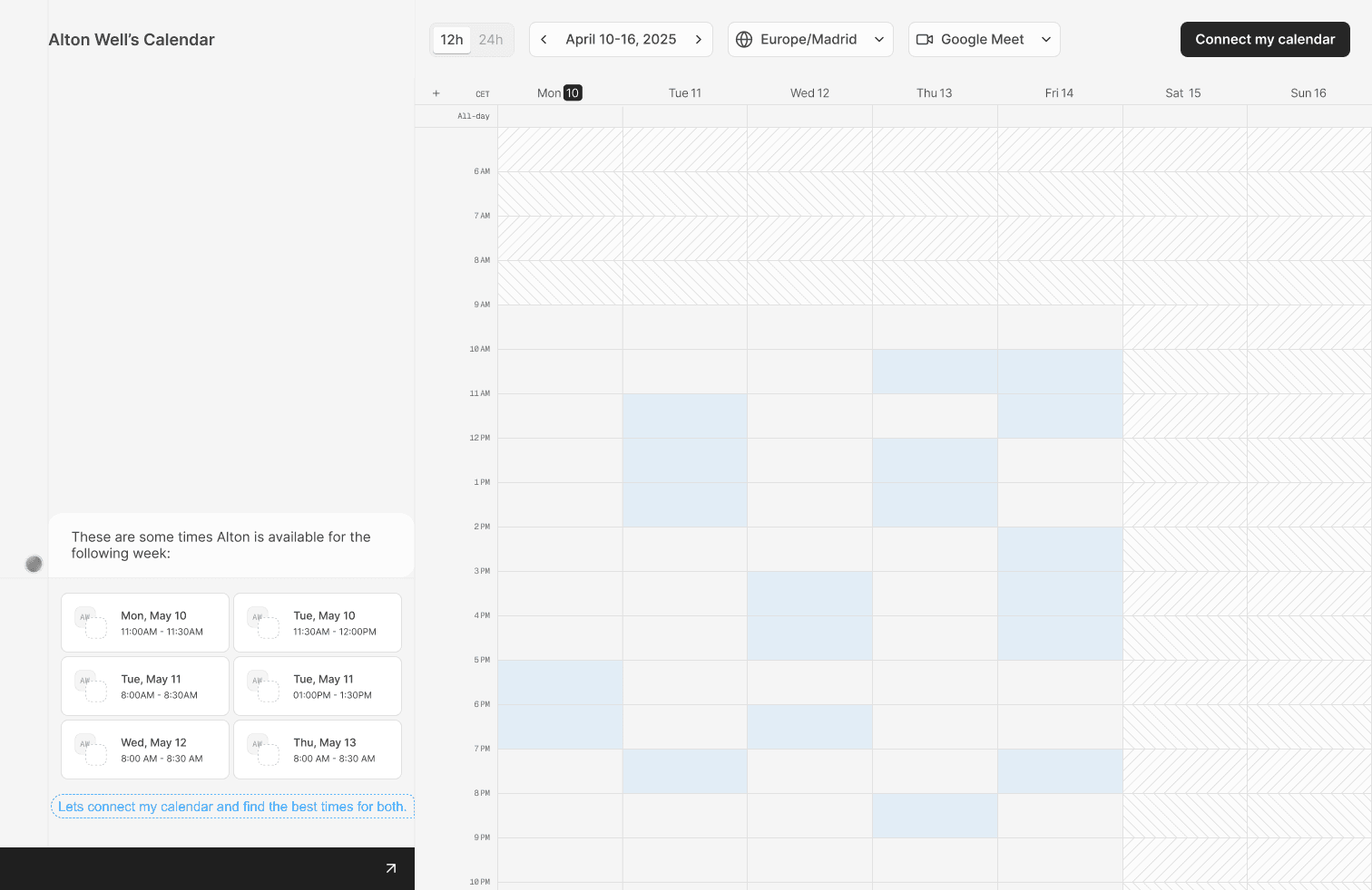 Early Consul calendar concept pairing assistant suggestions with a weekly availability view