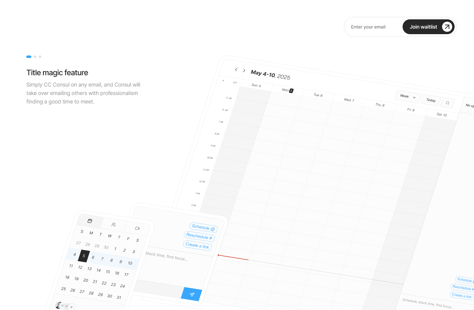 Early Consul landing exploration with an angled calendar interface and waitlist signup