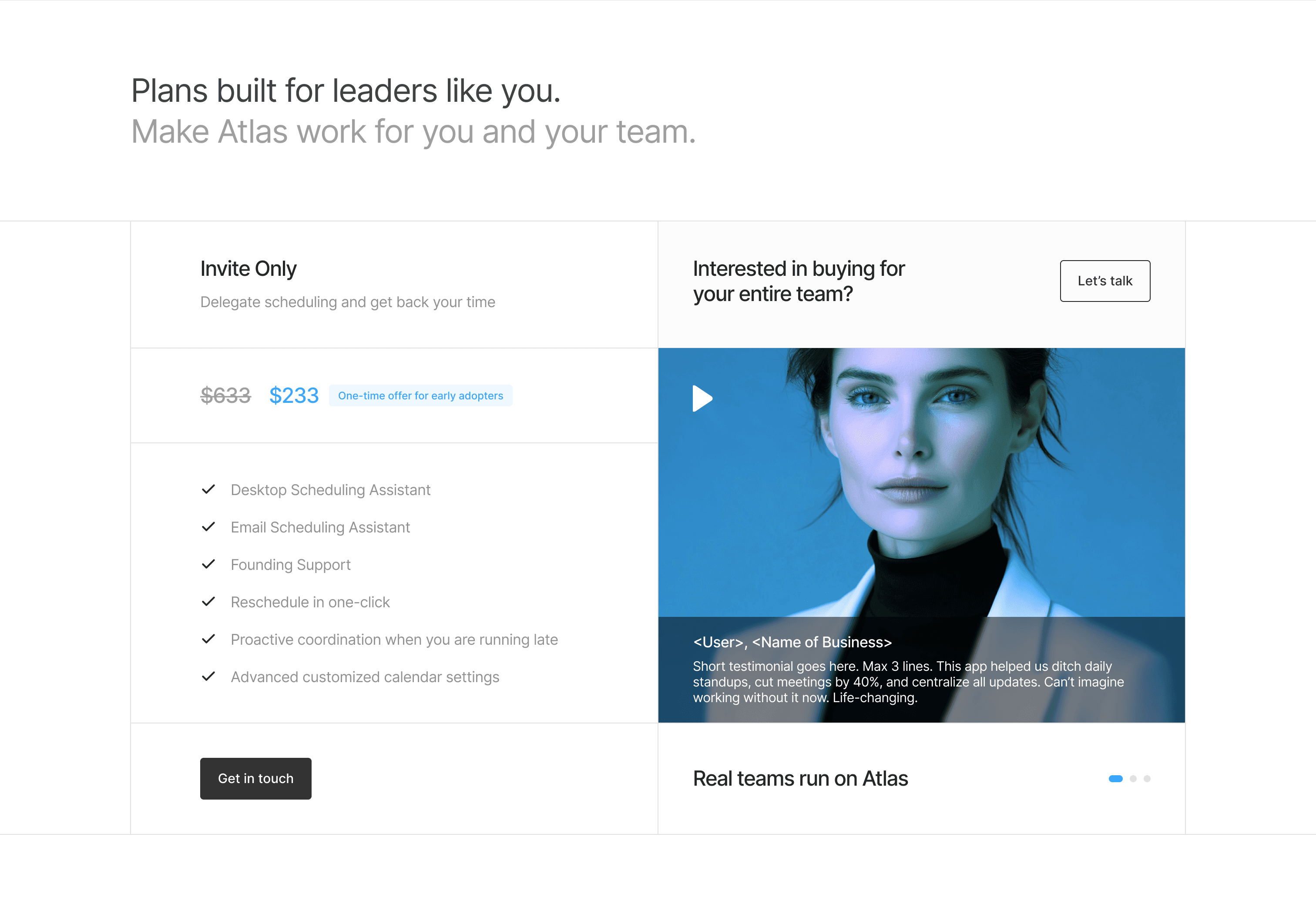 Early Atlas landing pricing exploration with an invitation-only plan and a testimonial placeholder