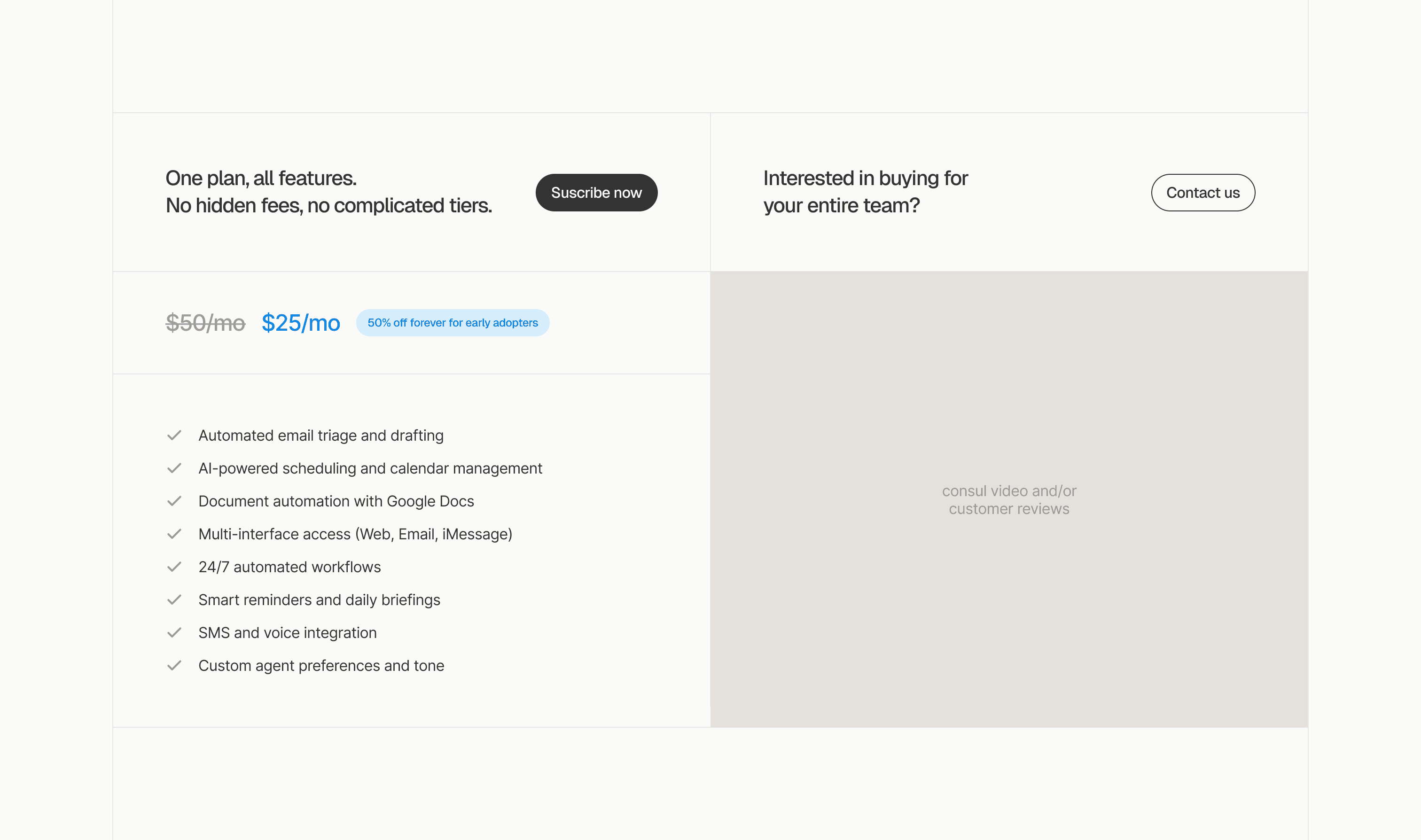 Consul landing pricing exploration with a single monthly plan, feature list, and customer video placeholder