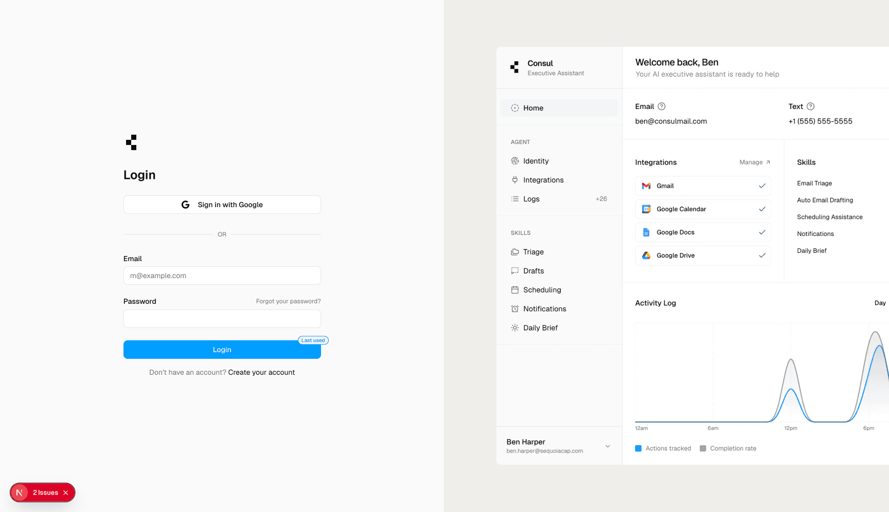 Consul login concept with Google sign-in and an assistant dashboard preview