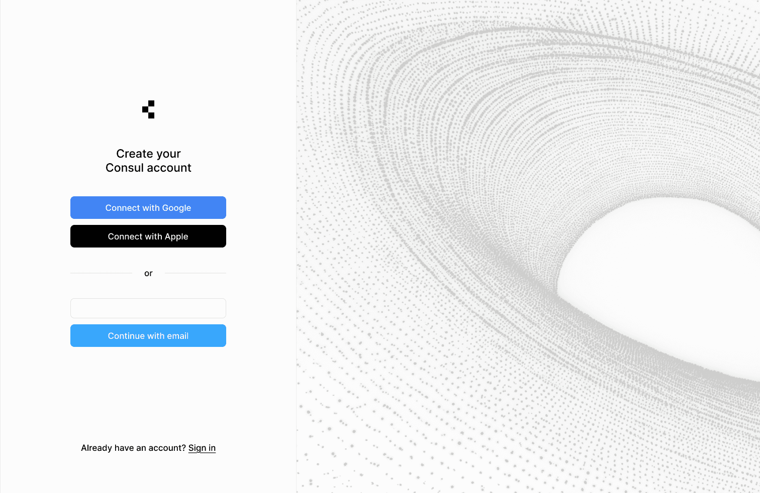 Consul account creation concept with Google, Apple, and email options beside a particle illustration