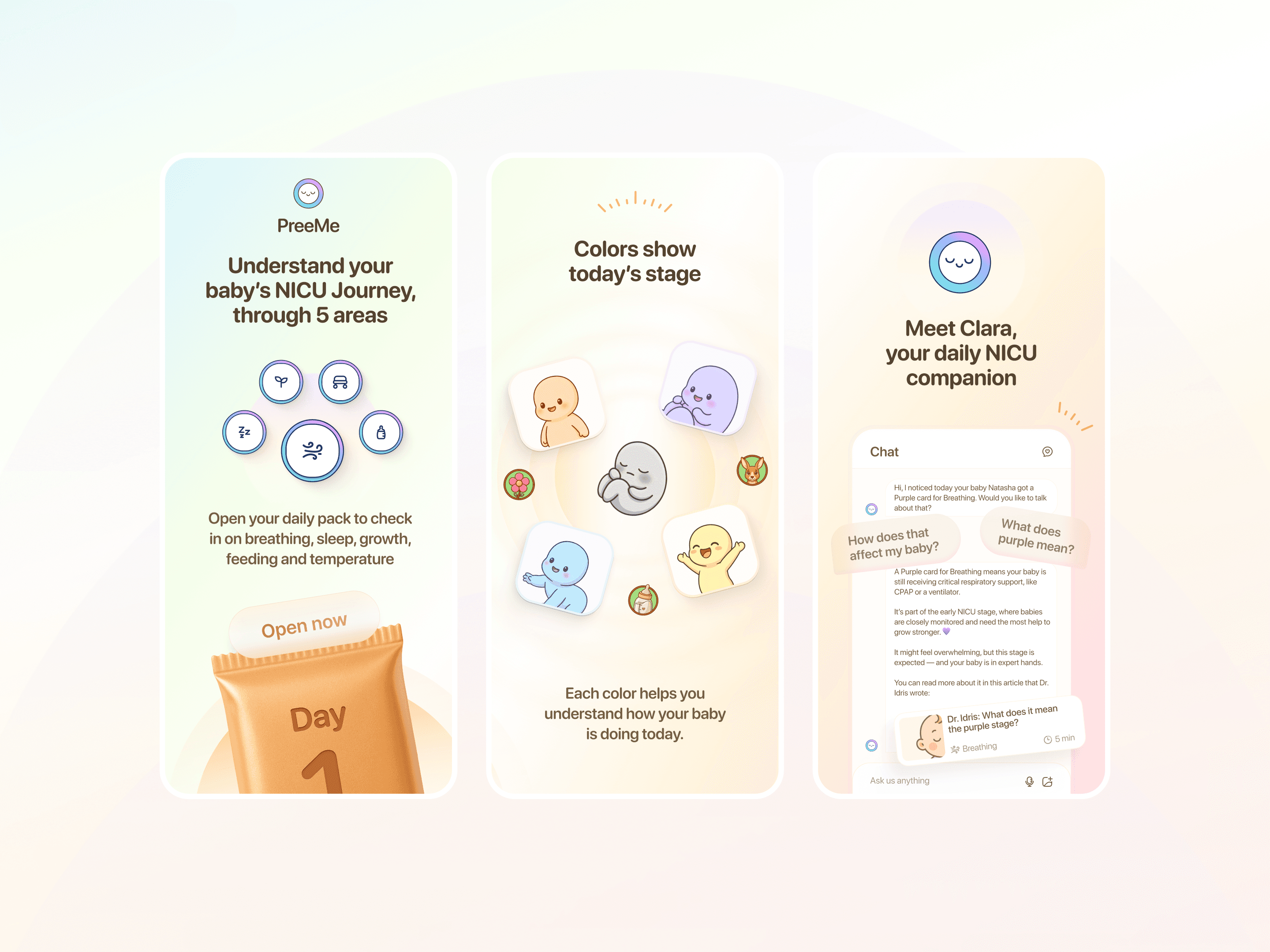 PreeMe app screenshots introducing the daily card pack, development colors, and Clara companion