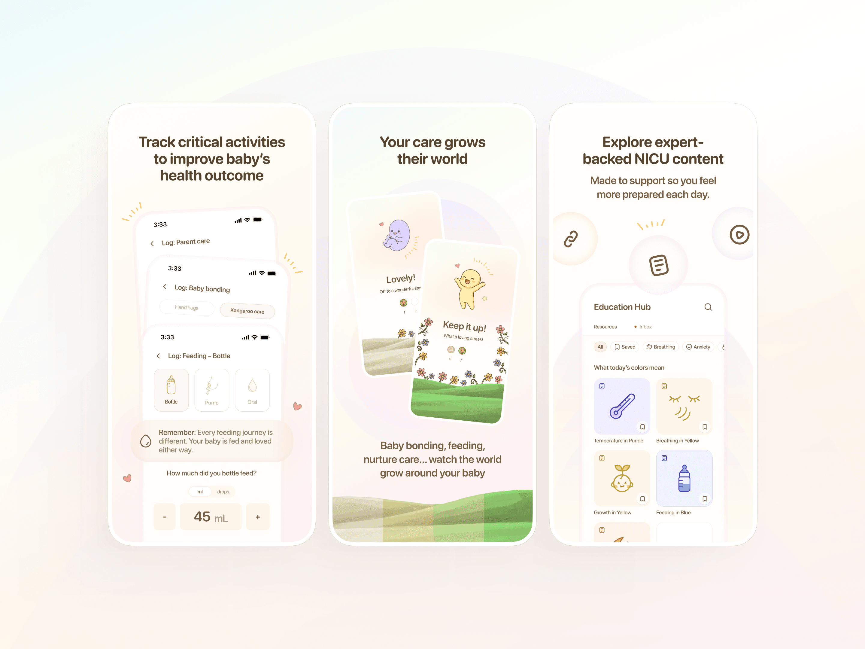 PreeMe app screenshots showing care activity logging, a growing illustrated world, and educational resources