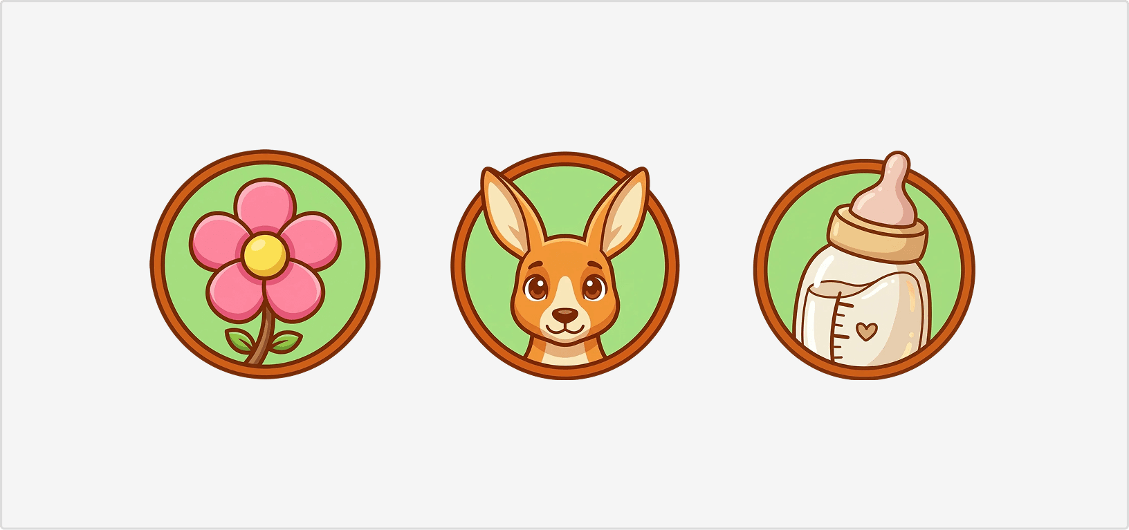 PreeMe illustrated medals featuring a flower, kangaroo, and feeding bottle