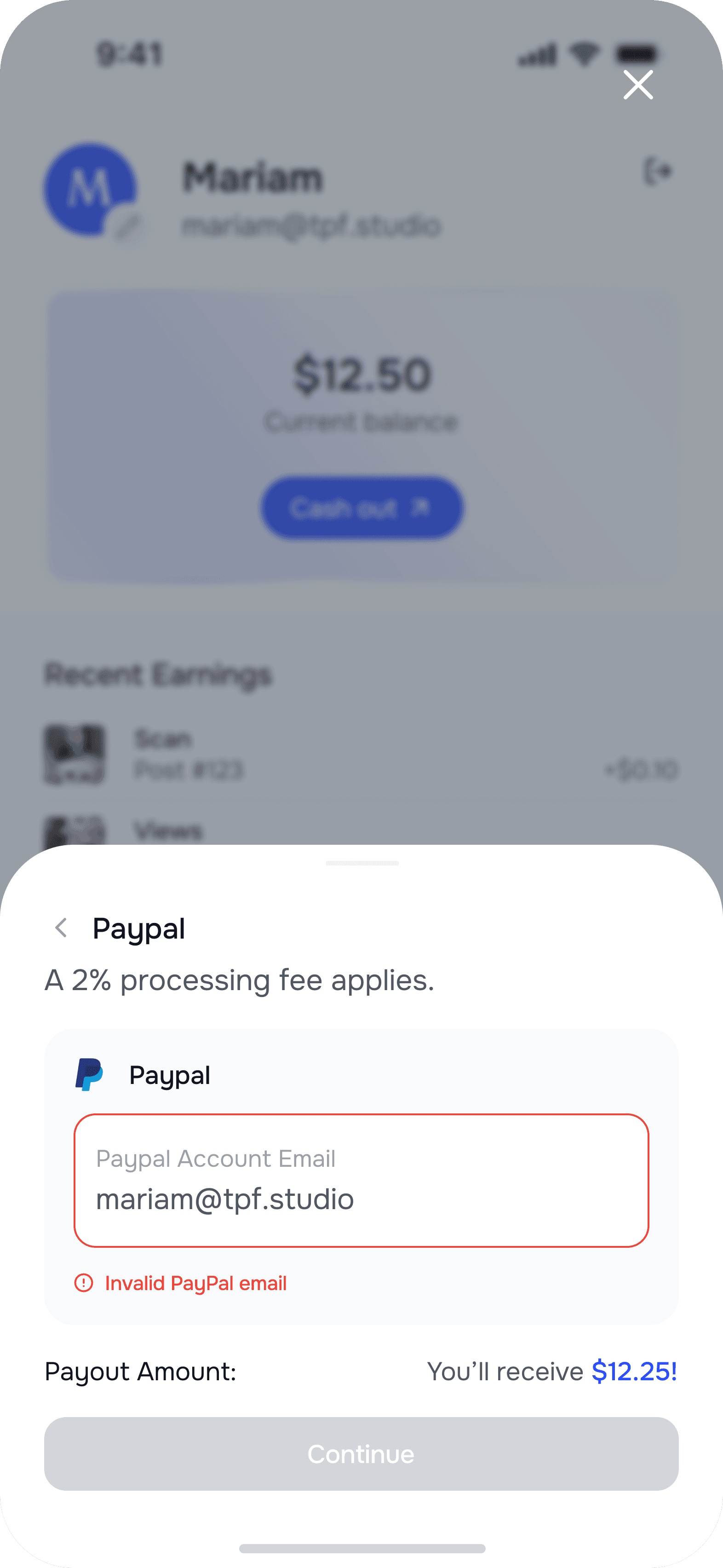 Reco PayPal payout validation showing an invalid email, payout amount, and disabled Continue button