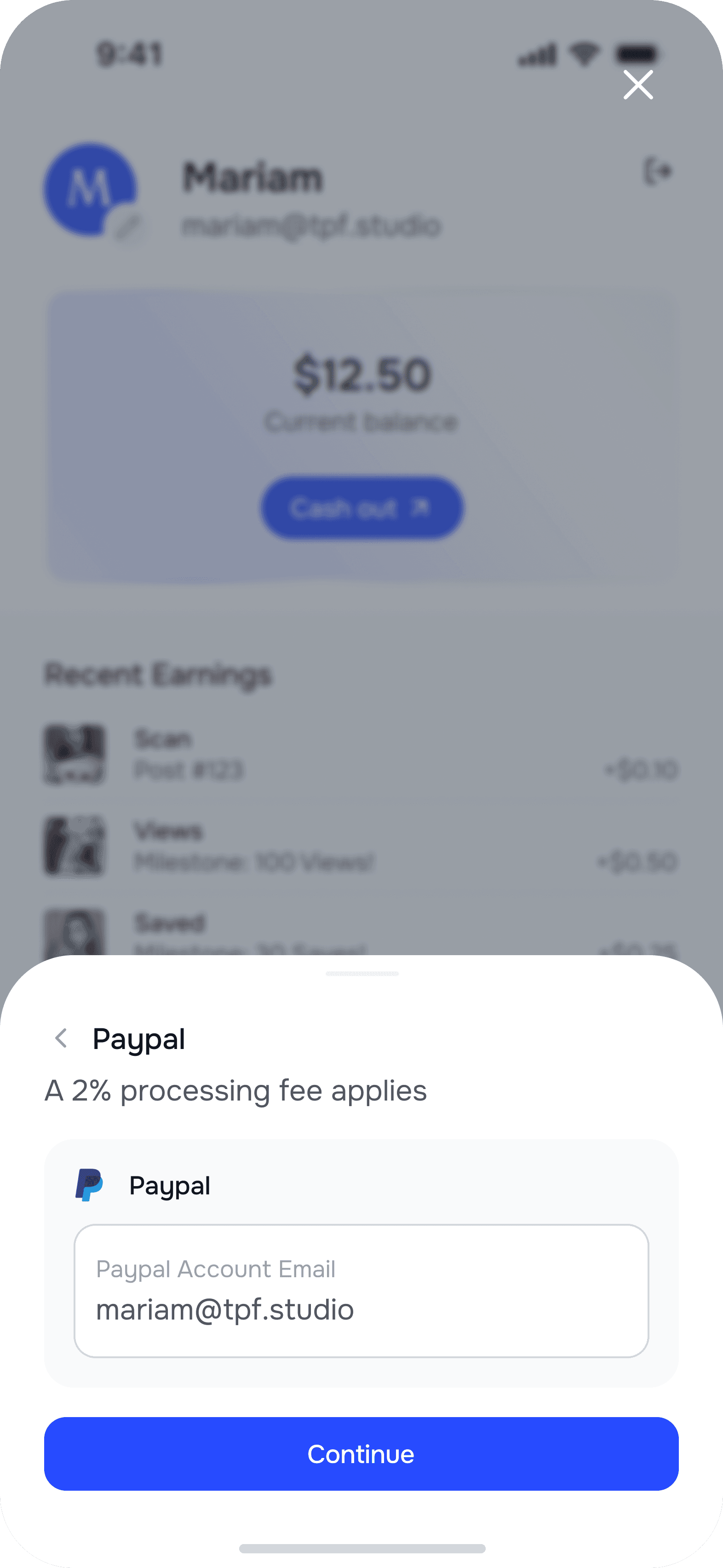 Reco PayPal payout sheet with an account email field and Continue button
