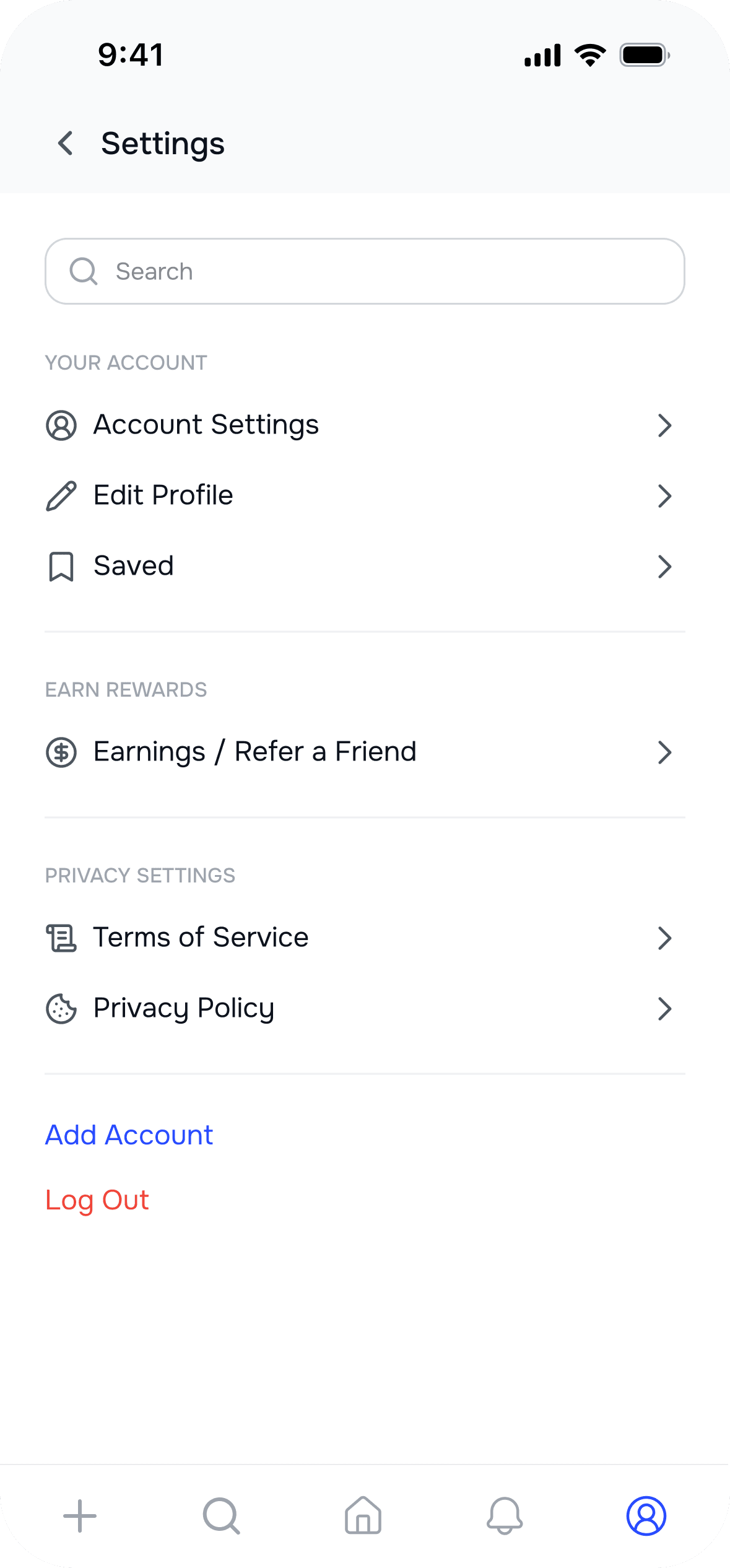 Reco account settings with profile, saved finds, rewards, and privacy options