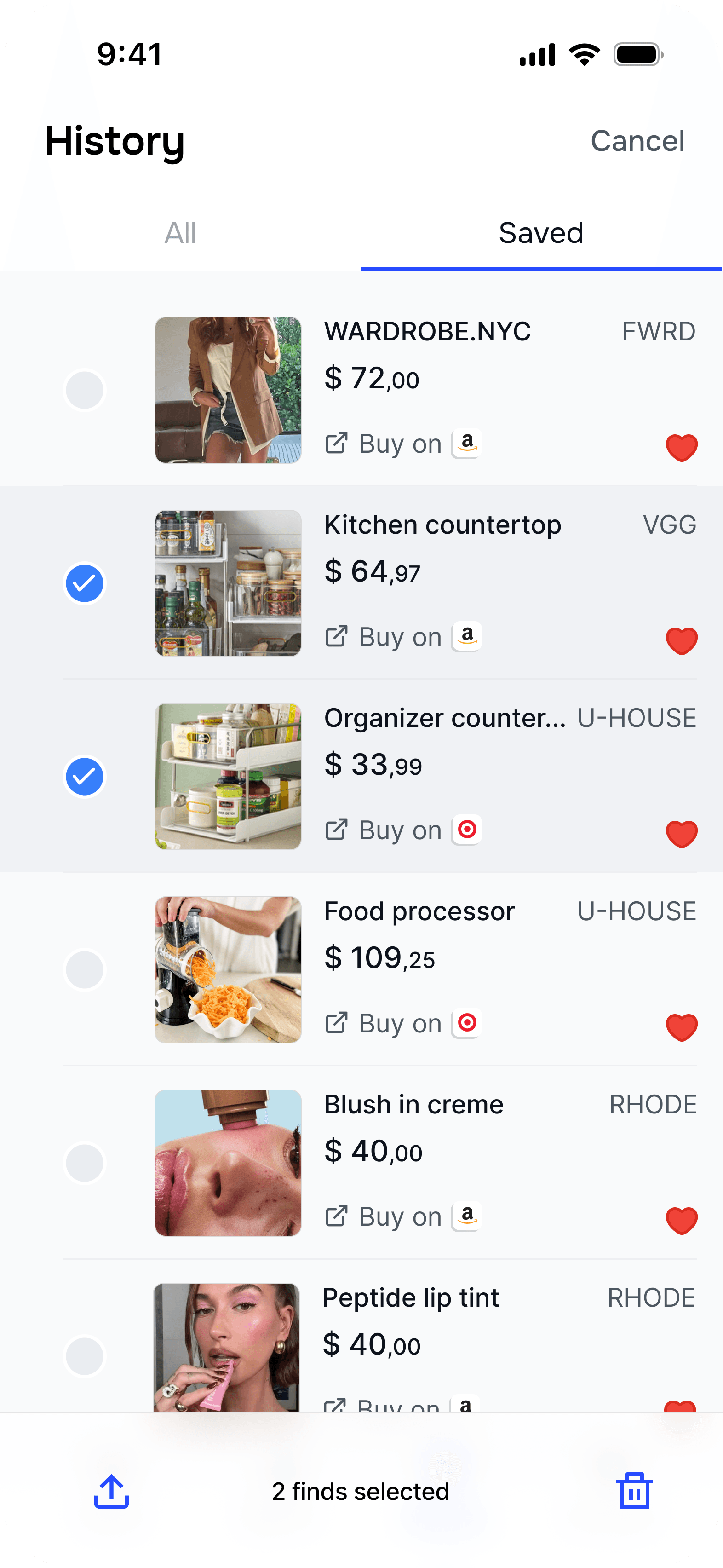 Reco saved history in selection mode with two finds selected and share and delete actions