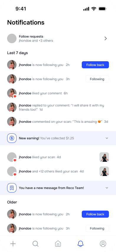 Reco notifications showing follows, comments, saved scans, earnings, and team messages