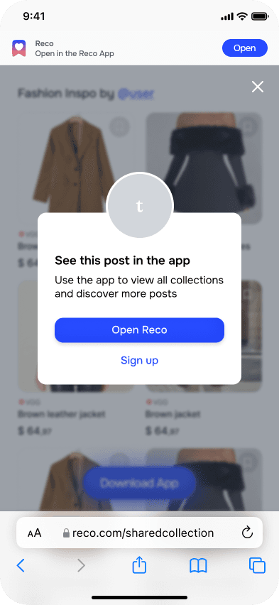 Prompt over a shared collection to open Reco or sign up