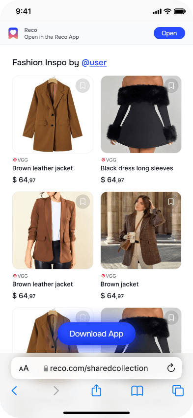 Shared Reco collection in a mobile browser with a fashion product grid and download button