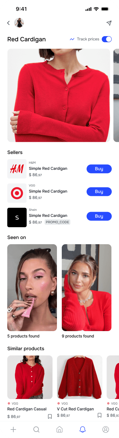 Reco product detail with a red cardigan, price tracking, sellers, related posts, and similar products