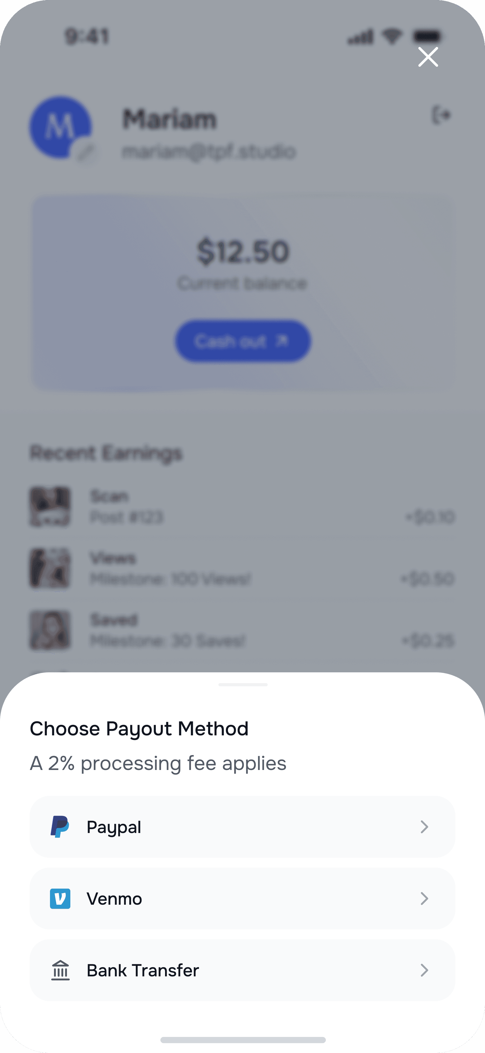 Reco cashout sheet offering PayPal, Venmo, and bank transfer with a processing fee notice