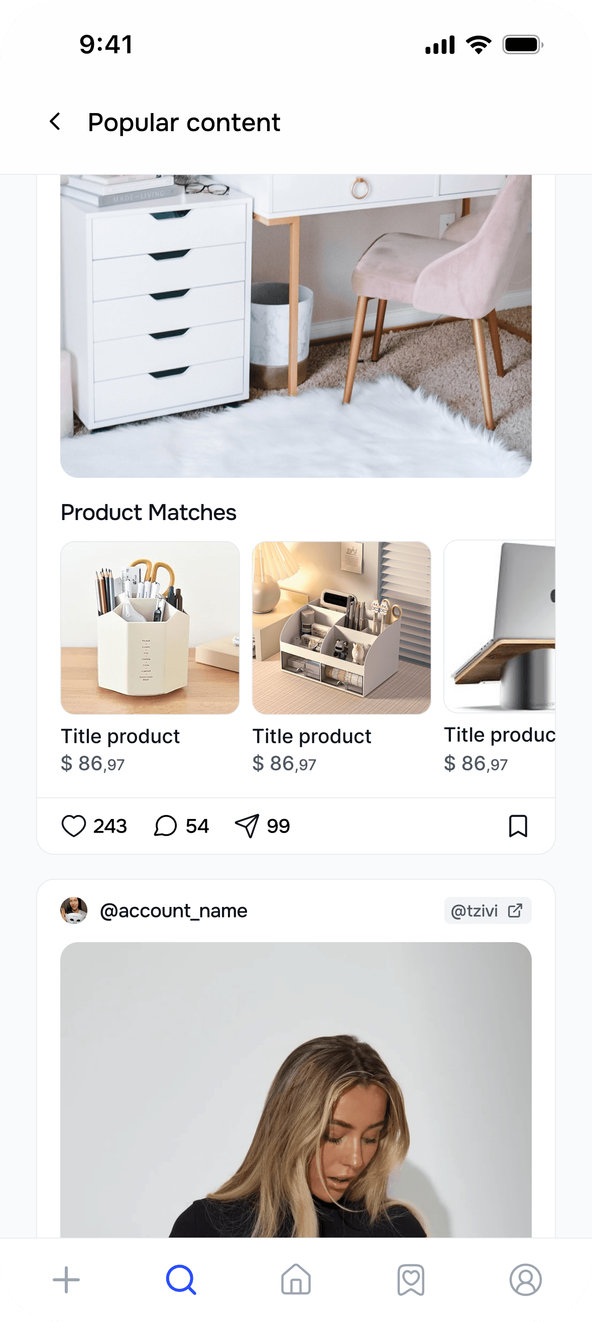 Reco popular content feed with product matches and social actions