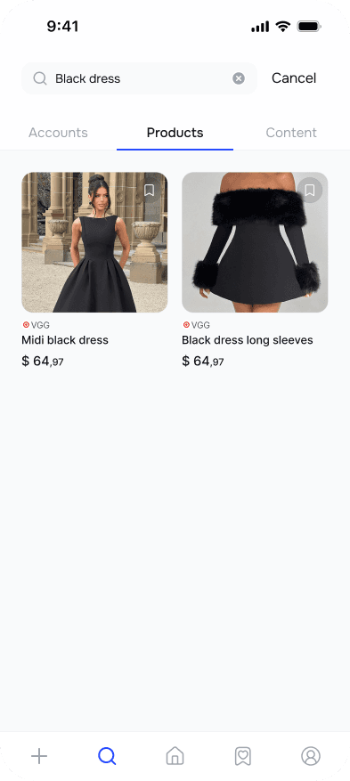 Reco product search results for a black dress