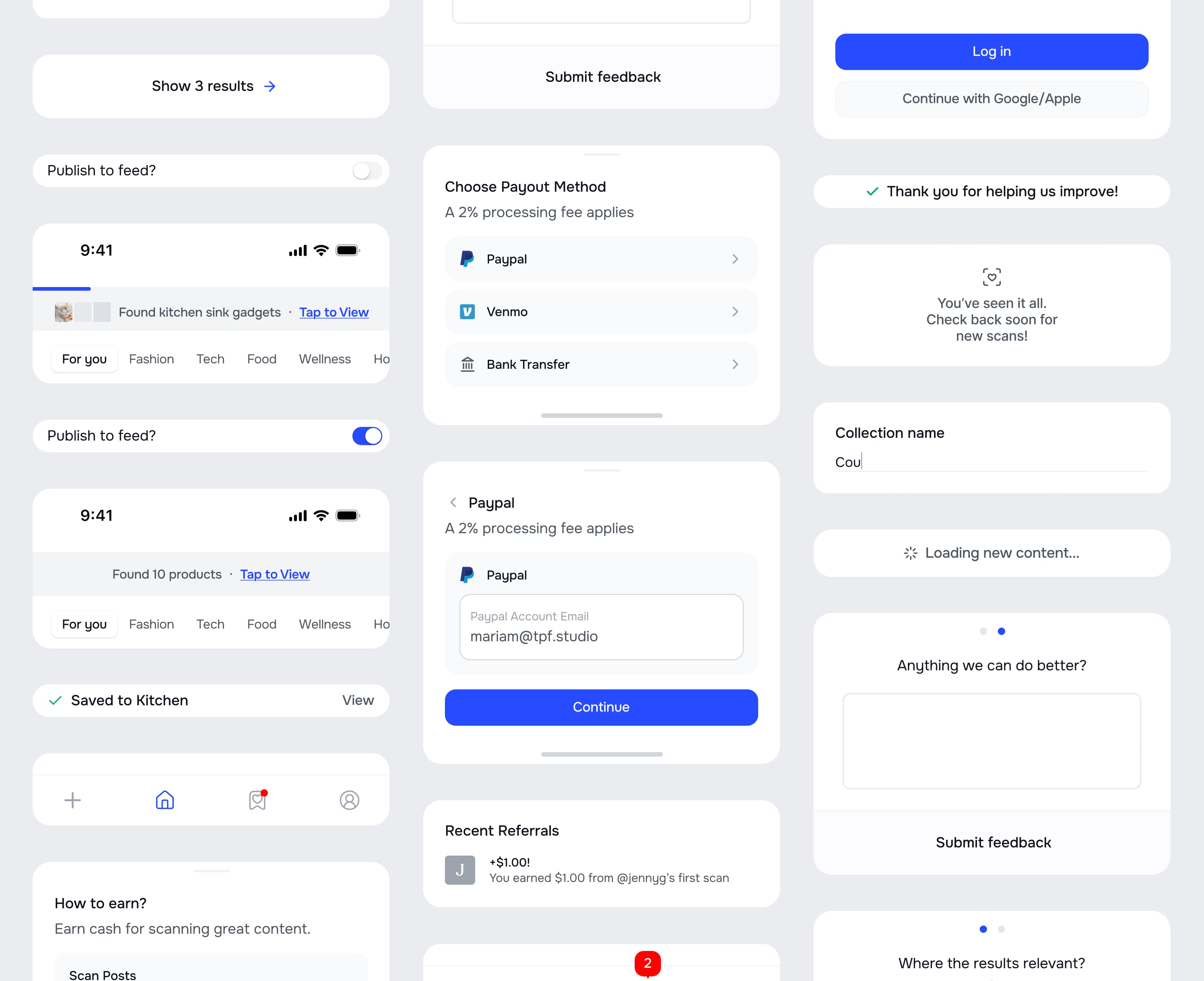 Reco interface components for scan progress, collections, feedback, navigation, and payouts