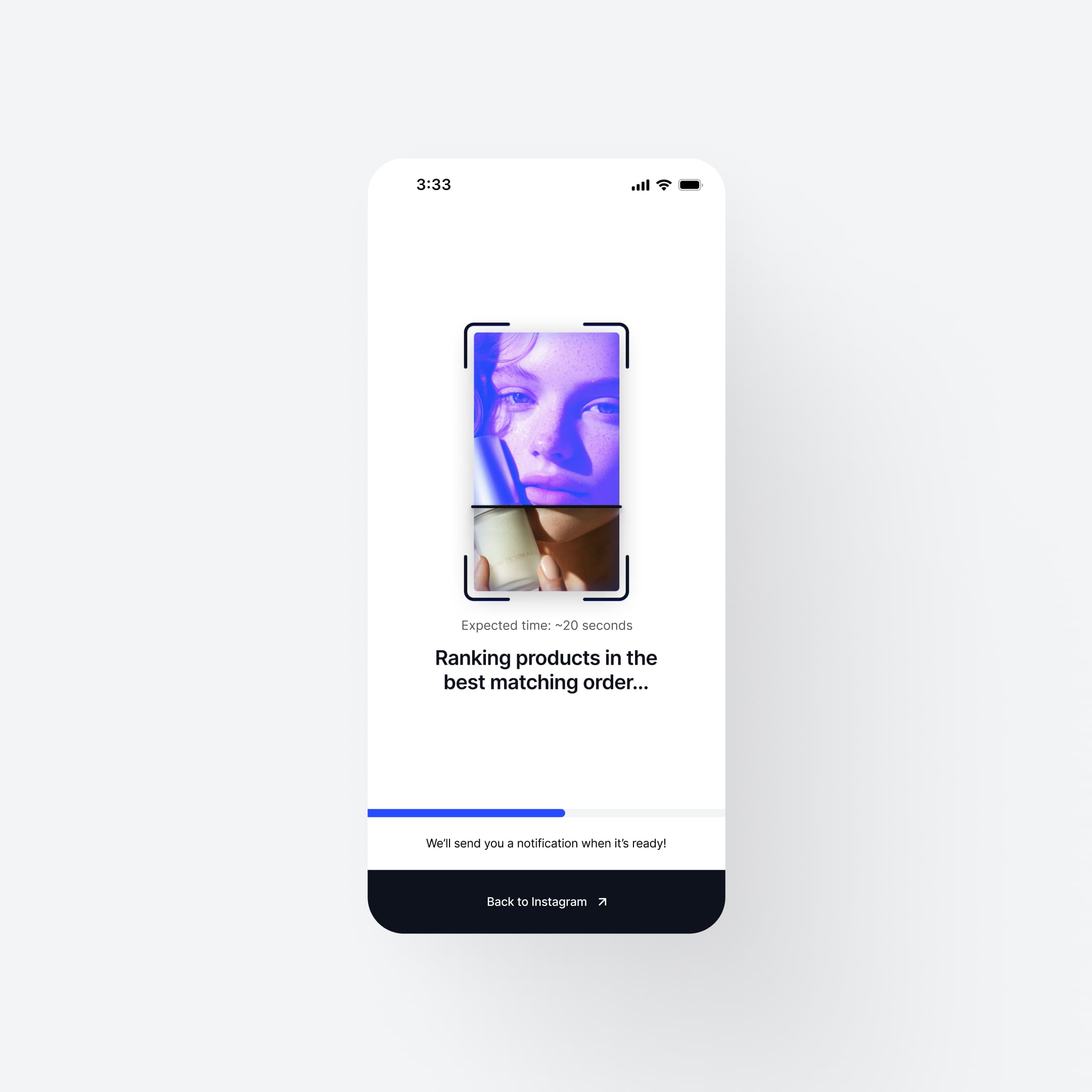 Early Reco scan exploration with a time estimate, progress bar, and option to return to Instagram