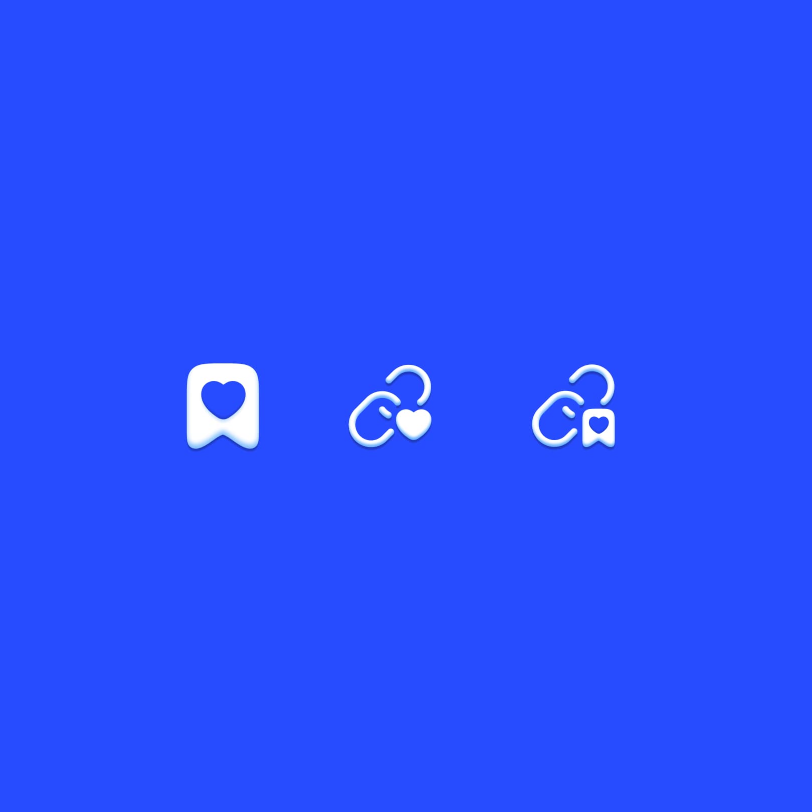 Reco identity explorations combining bookmarks, hearts, and links on a blue background