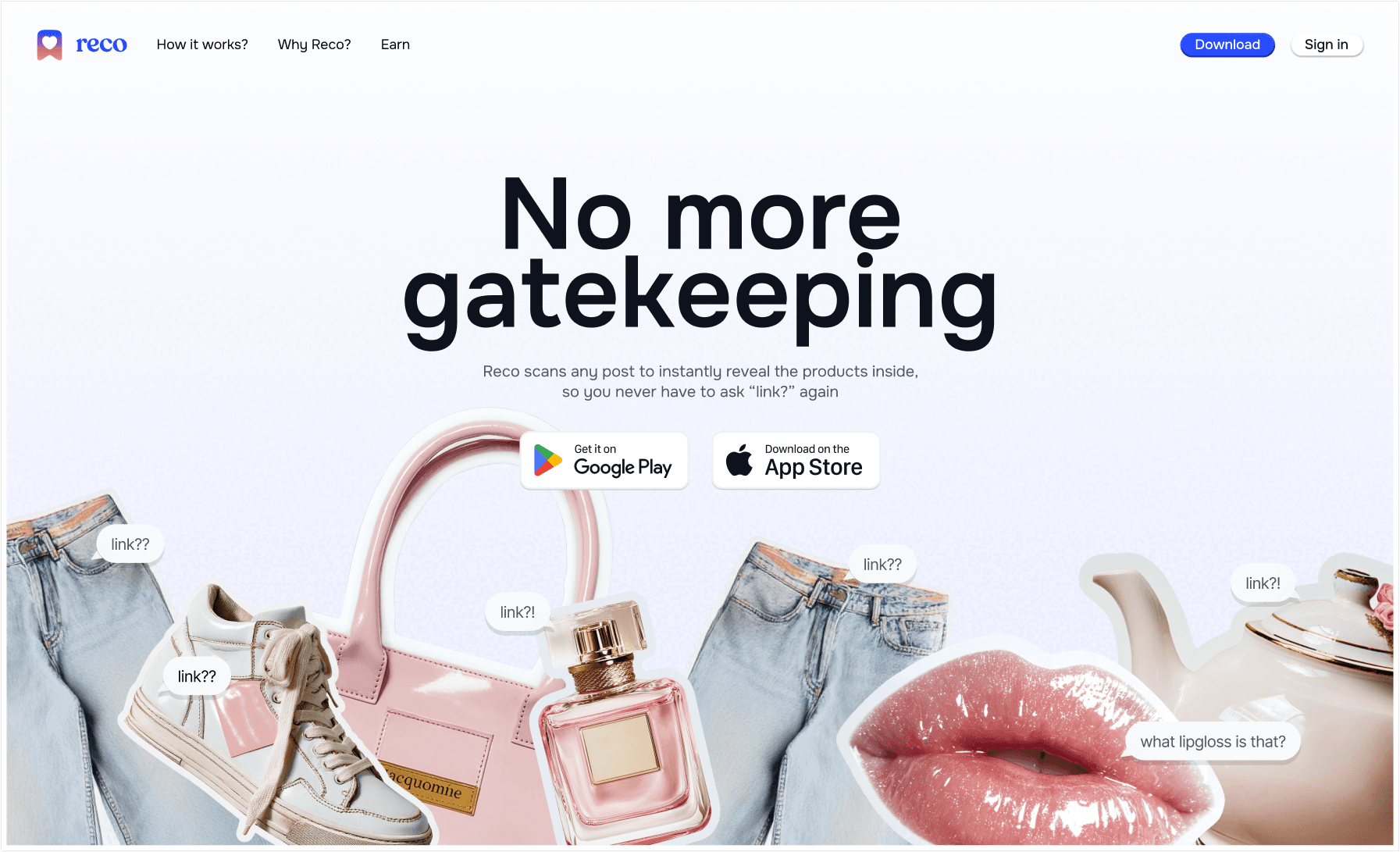 Unused Reco landing page exploration with the headline No more gatekeeping and product imagery