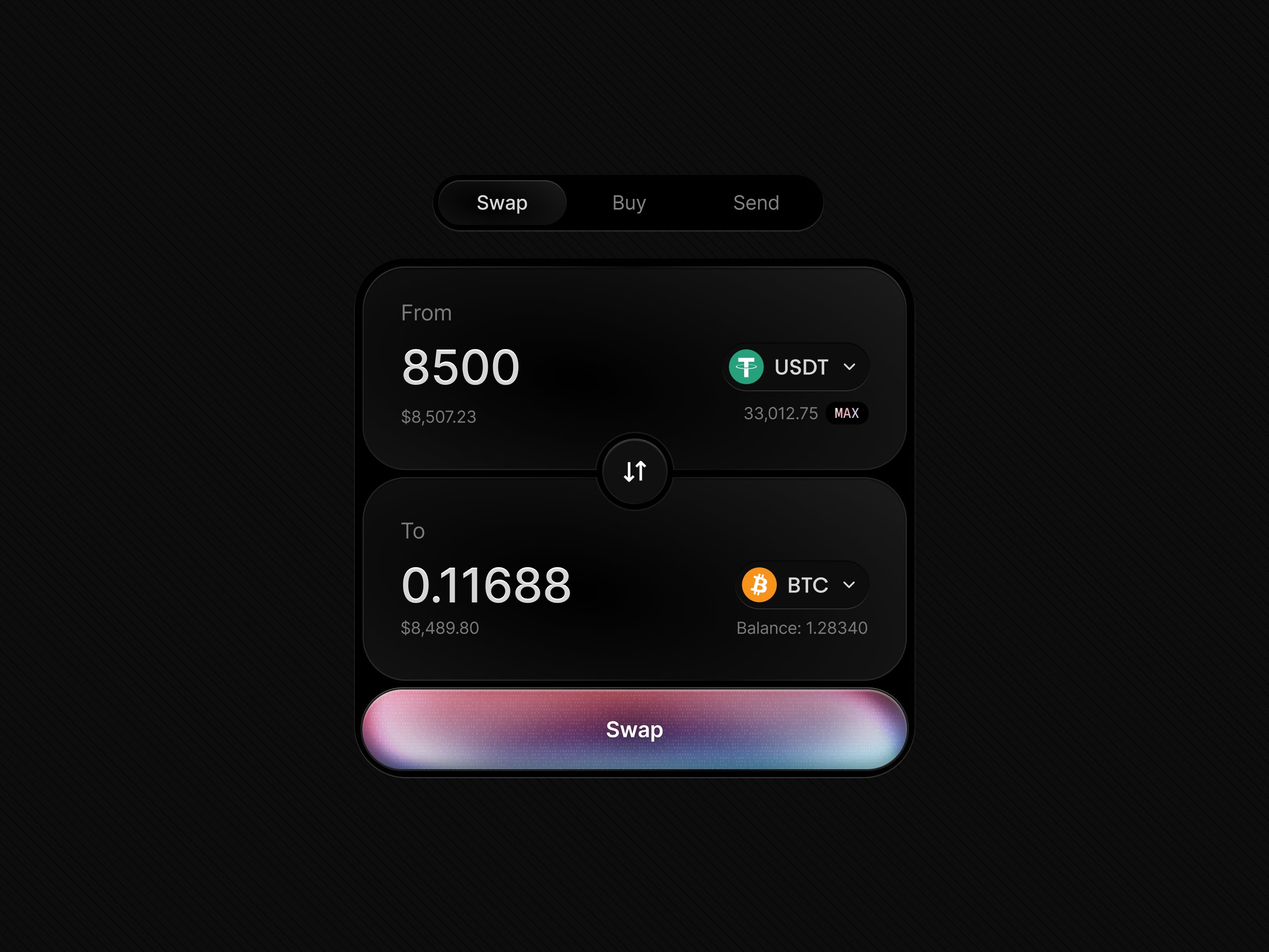Crypto swap interface